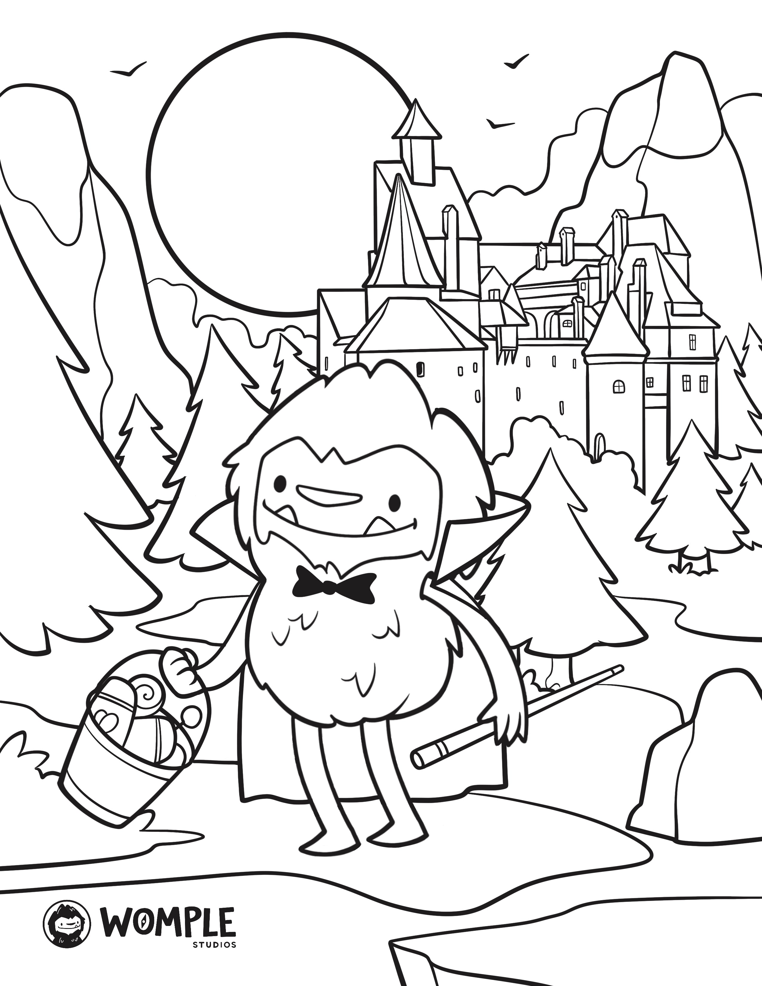 Womple trick-or-treating in front of Transylvania's Bran castle