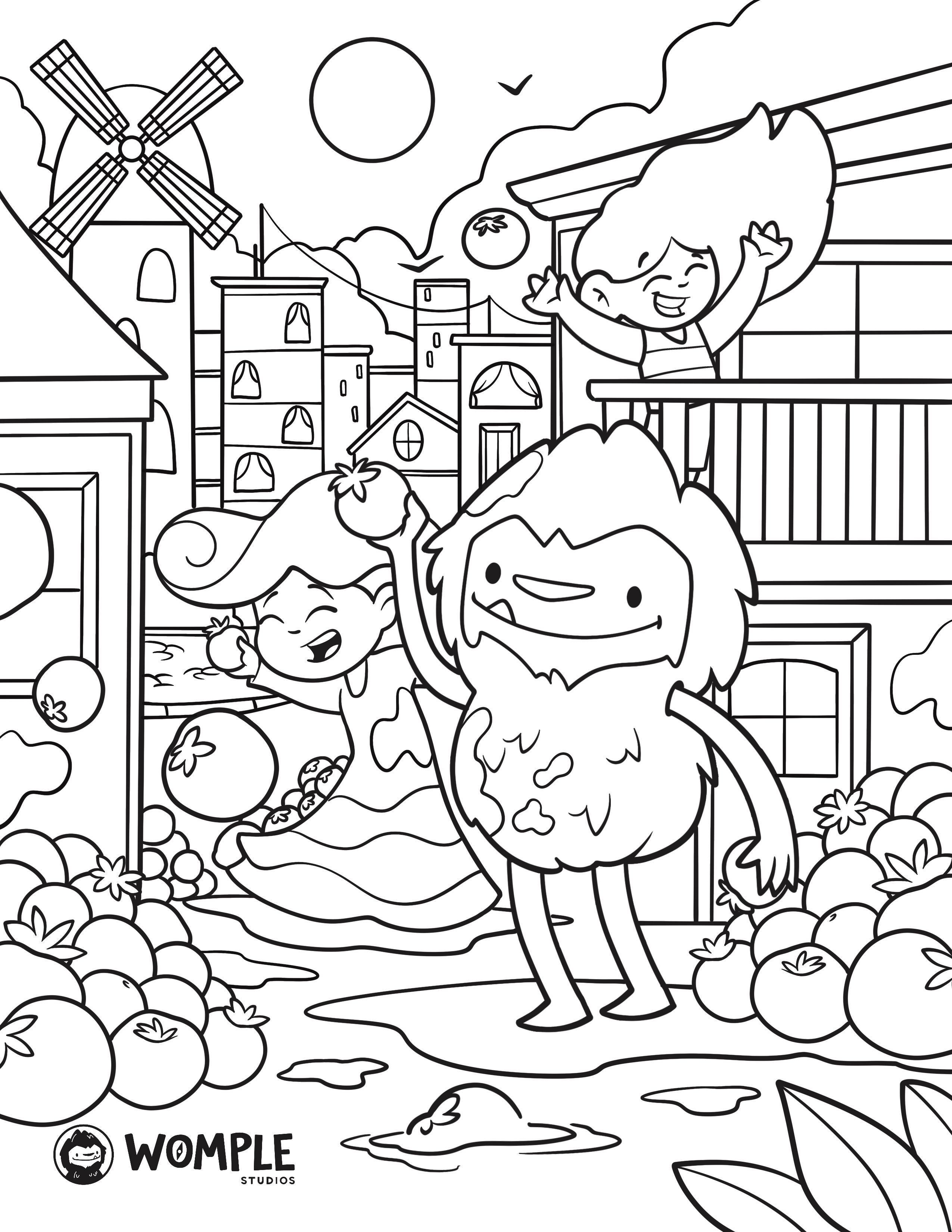 Womple throwing a tomato at La Tomatina Festival Coloring Page