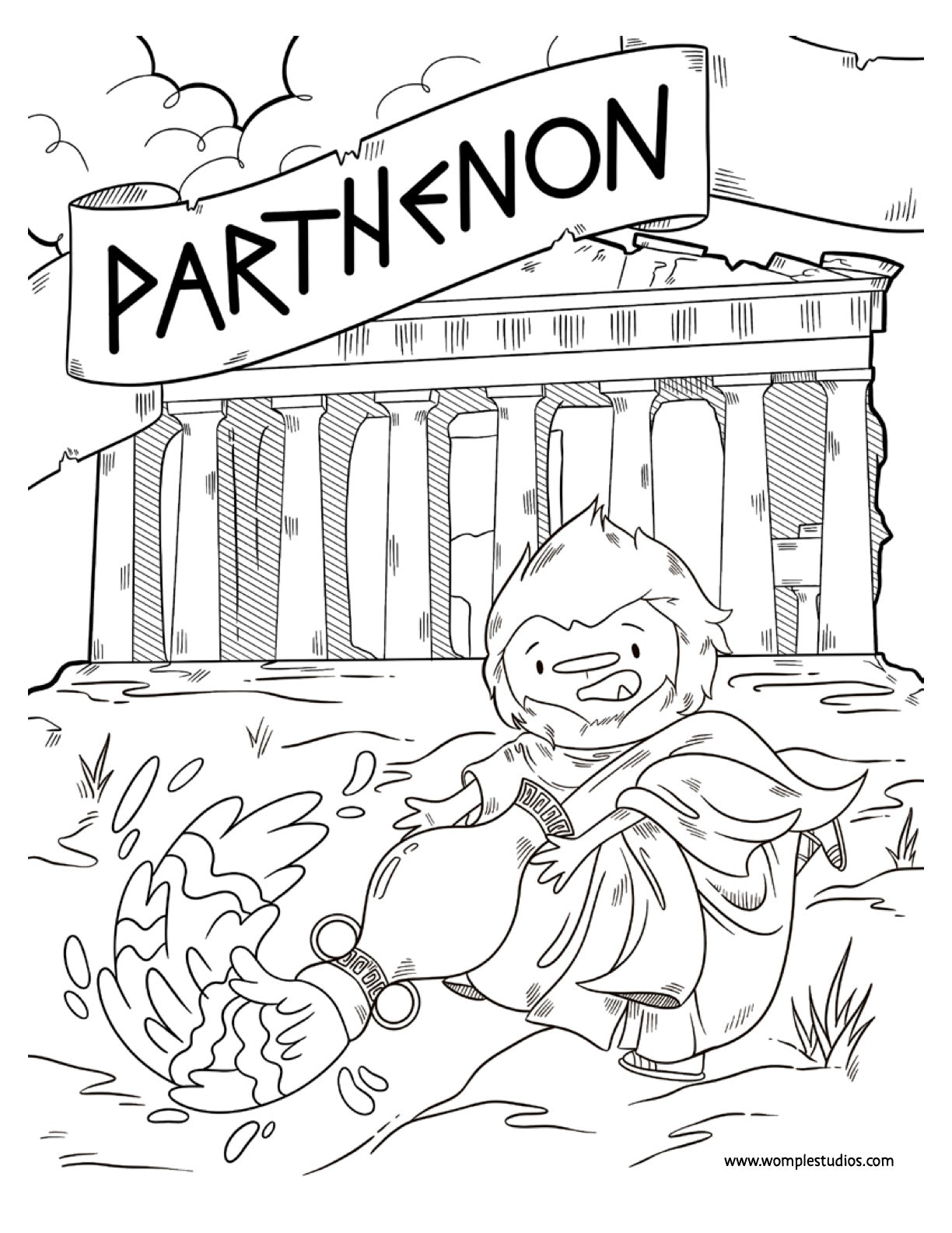 Womple dressed as a greek god in front of the Parthenon