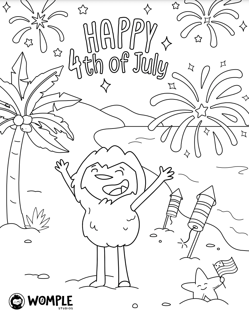 Womple standing on the beach watching 4th of july fireworks coloring page