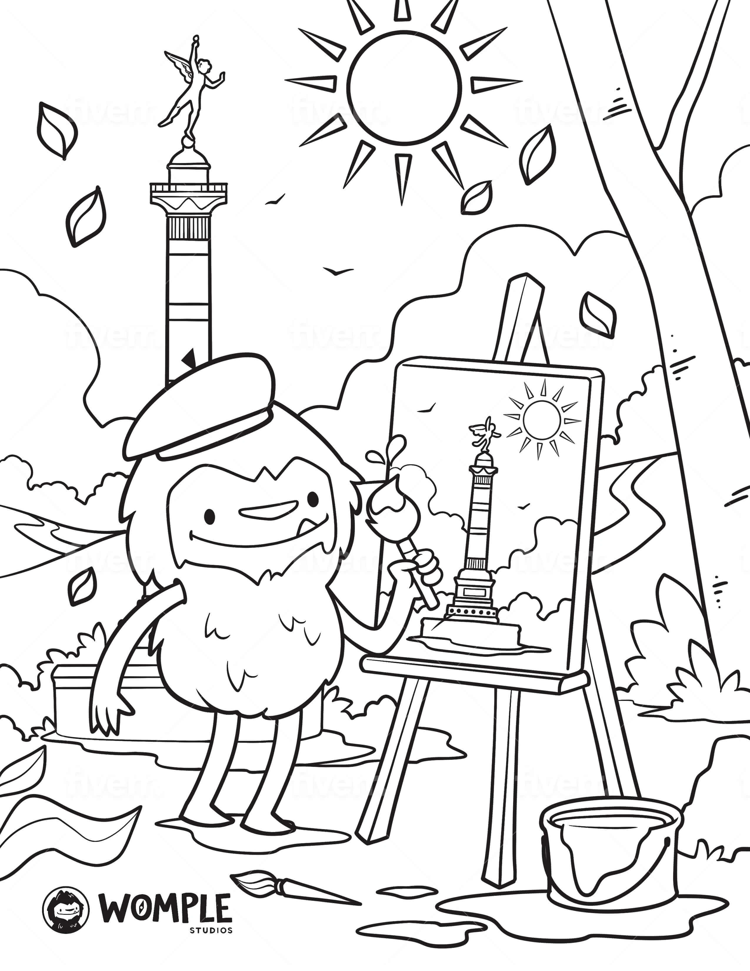 Womple painting Bastille tower Coloring Page