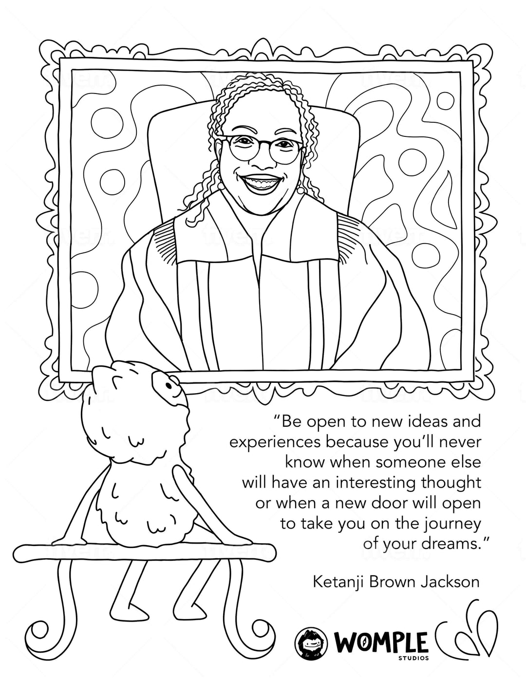 Juneteenth Coloring Page of Womple looking at portrait of Ketanji Brown Jackson