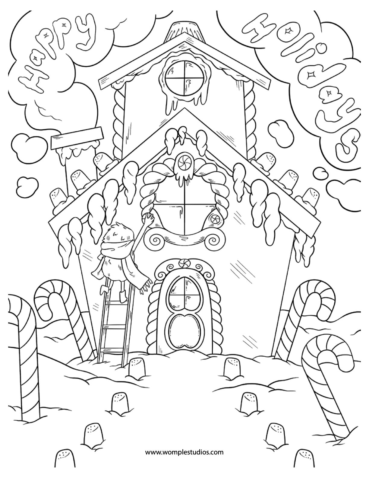 Womple on a ladder decorating his Gingerbread house with candy