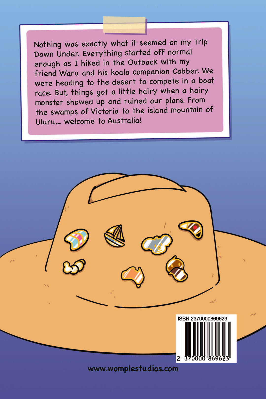 Back cover of 'Trouble Down Under', a Womple adventure book about Australia