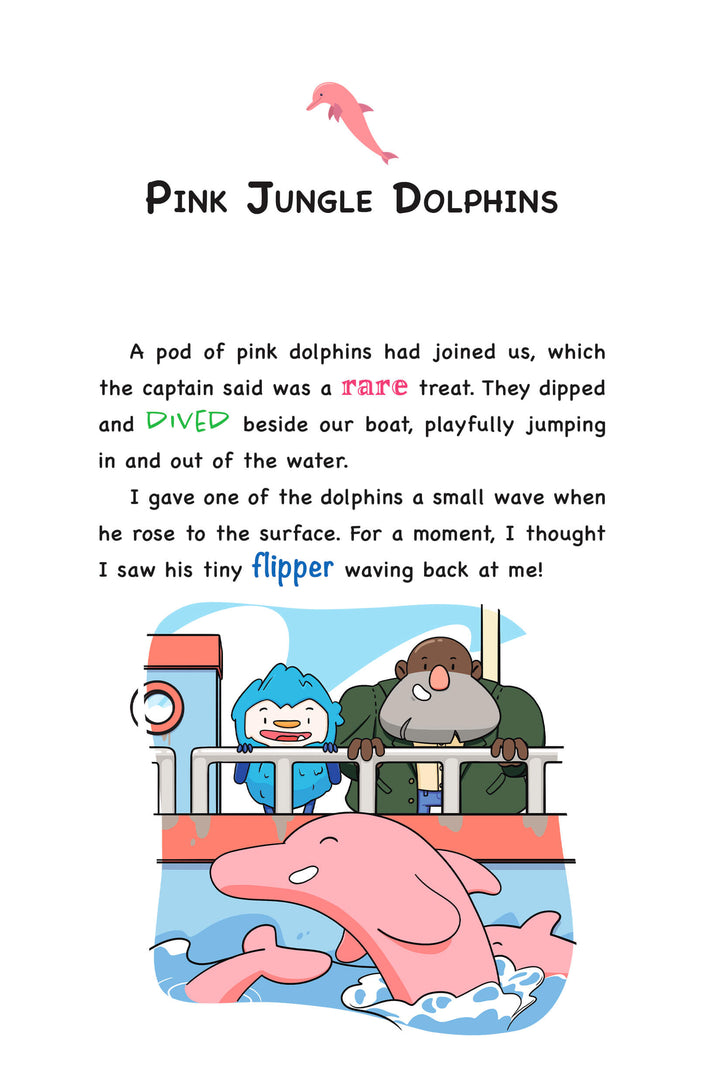 Page from 'Journey in the Jungle,' a Womple adventure book about Brazil, with an illustration of a boat with cartoon characters and pink dolphins, accompanied by text about pink jungle dolphins.