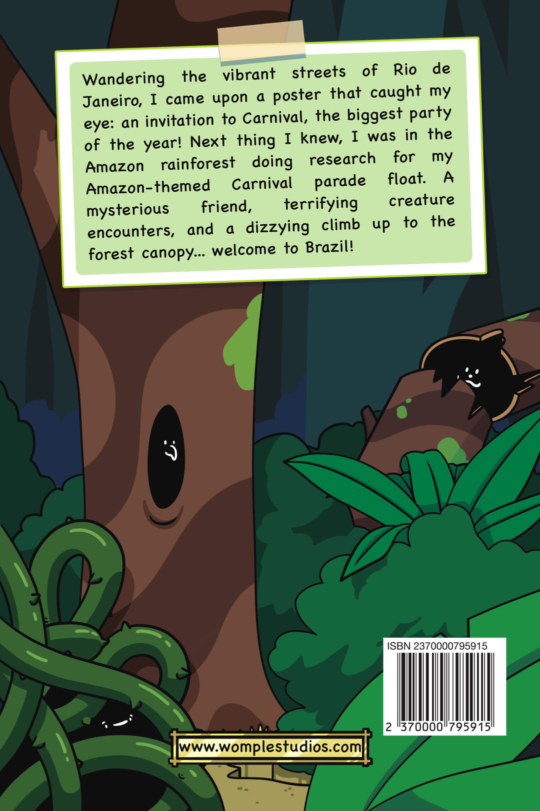 Back cover of 'Journey in the Jungle,' a Womple adventure book about Brazil, with a jungle scene with a tree and animal, featuring text about a Carnival parade in Brazil.