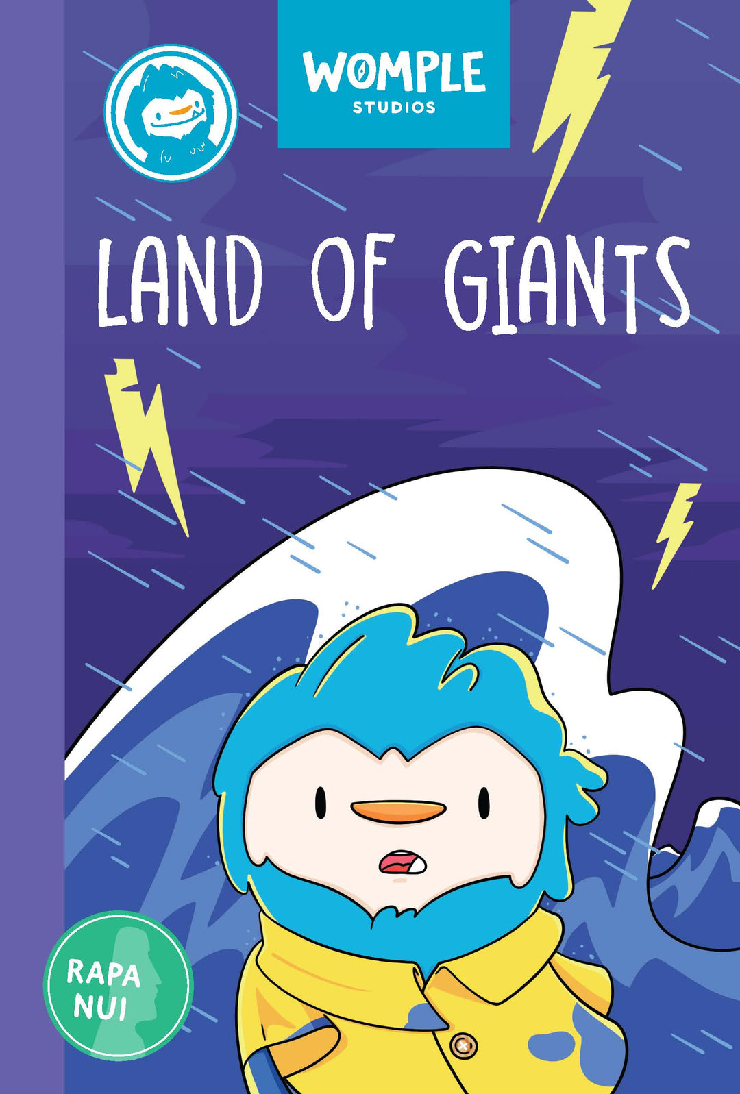 Book cover of 'Land of Giants' by Womple Studios, about Rapa Nui - Easter Island, with a Womple cartoon in the ocean.