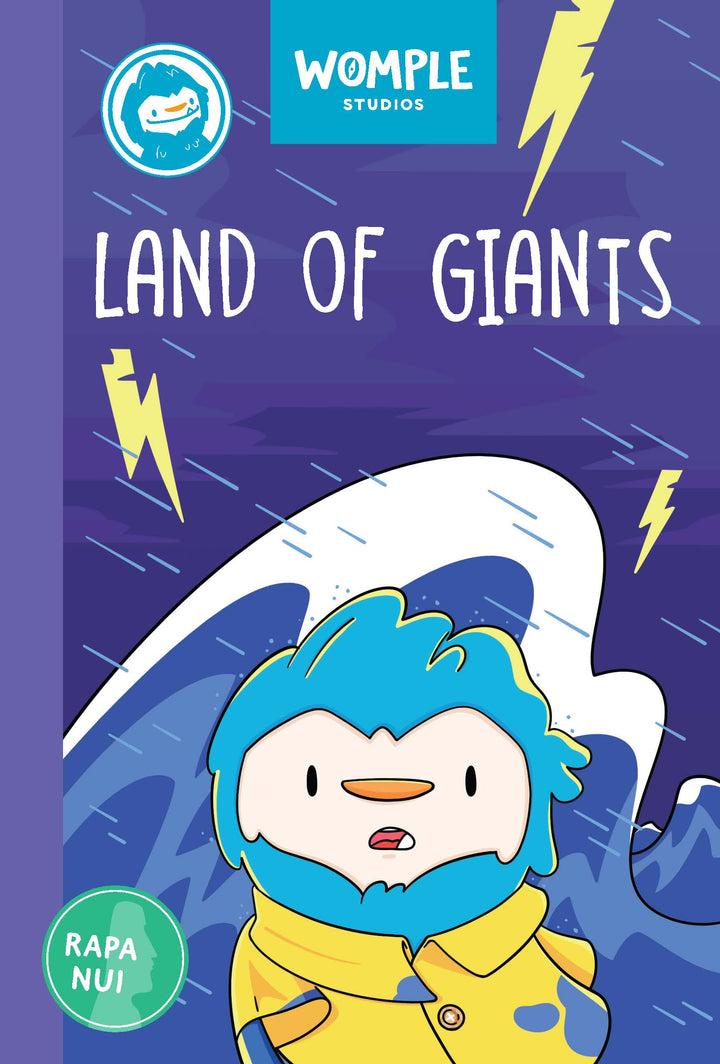 Book cover of 'Land of Giants' by Womple Studios, about Rapa Nui - Easter Island, with a Womple cartoon in the ocean.