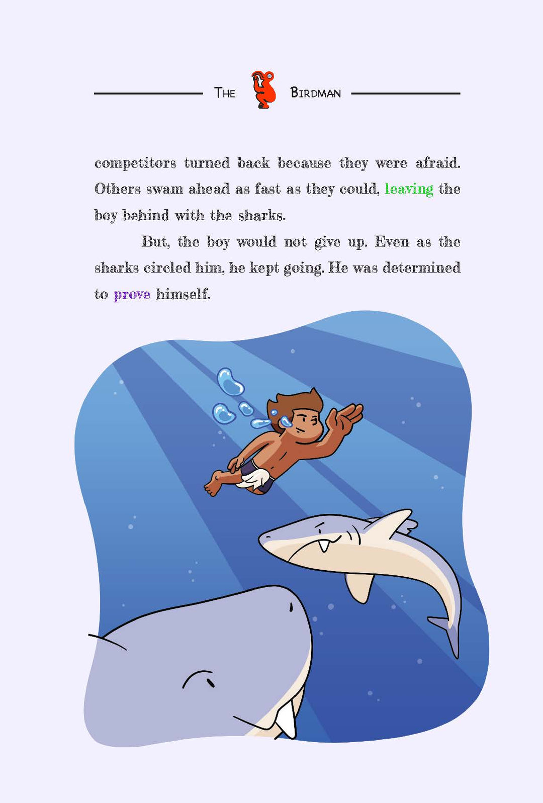 Illustration of a boy swimming with sharks in the ocean, with text above, on a page from 'Land of Giants' an adventure book by Womple Studios about Rapa Nui - Easter Island