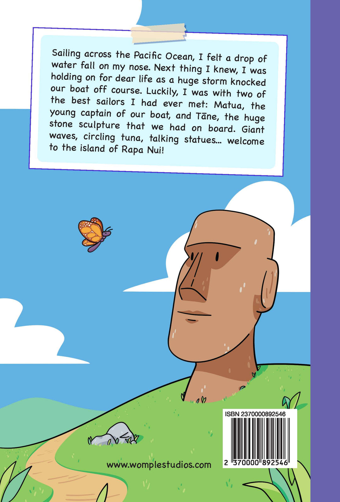 Back cover of 'Land of Giants' by Womple Studios, about Rapa Nui - Easter Island, with cartoon illustration of a moai statue, butterfly, and text on a blue sky background.