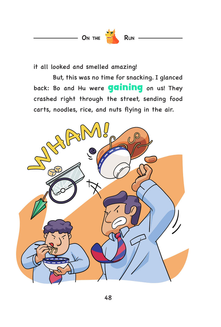 Illustration from a book, 'The Emperor's Tomb' by Womple Studios, showing two characters in a chaotic scene with food and objects flying around.