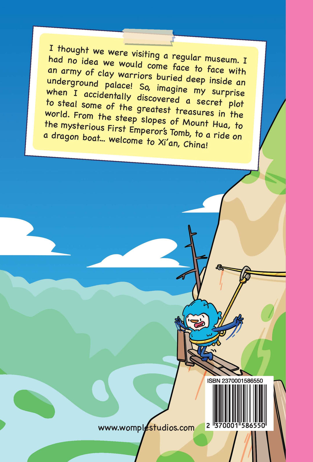 Back cover of 'The Emperor's Tomb' by Womple Studios, showing cartoon Womple on a mountain with a text box about visiting Xi'an, China.
