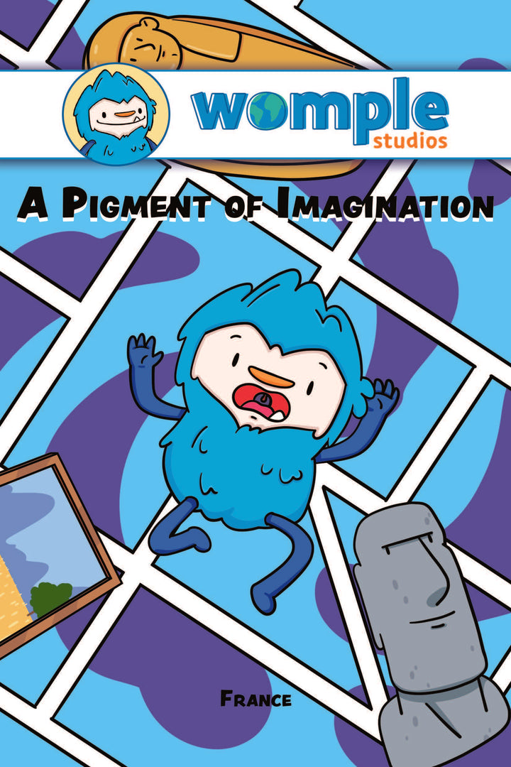 Front cover of 'A Pigment of Imagination,' a Womple adventure book about France, with cartoon Womple character on a colorful background with 'Womple Studios' logo.