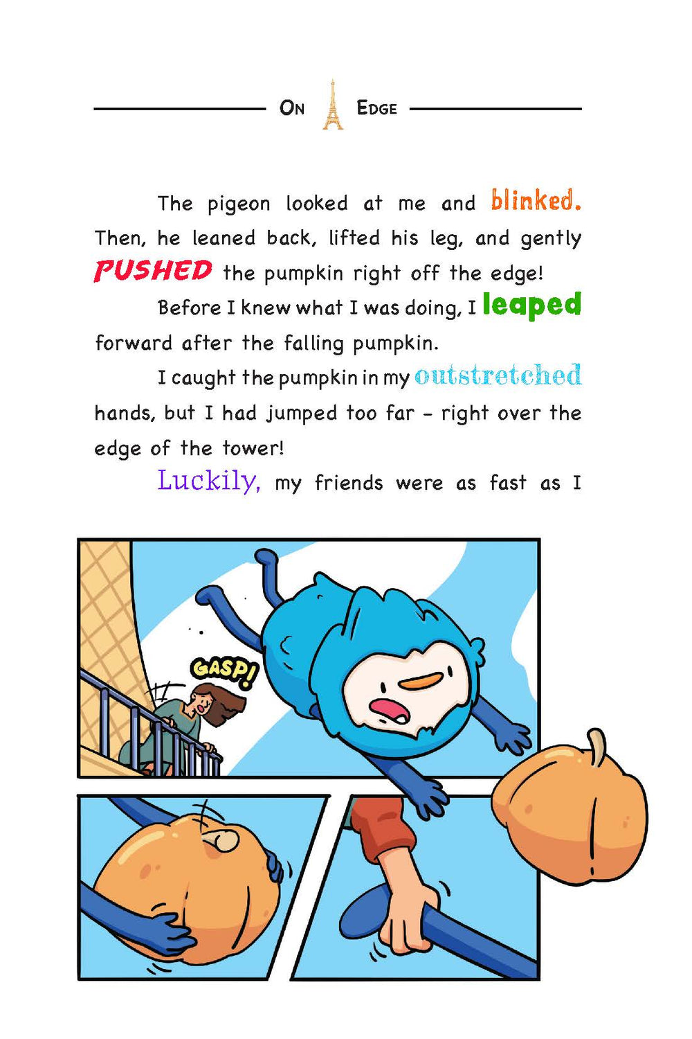 Page from 'A Pigment of Imagination' by Womple Studios, an adventure book about France, with a Womple cartoon character and a pumpkin, text on a white background