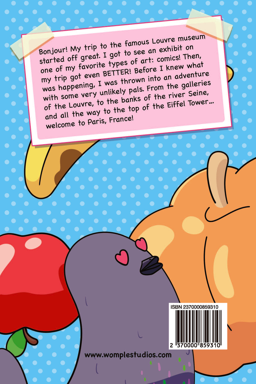 Back cover of the book 'A Pigment of Imagination' by Womple Studios, about France, with cartoon character pigeon and text on a blue polka dot background
