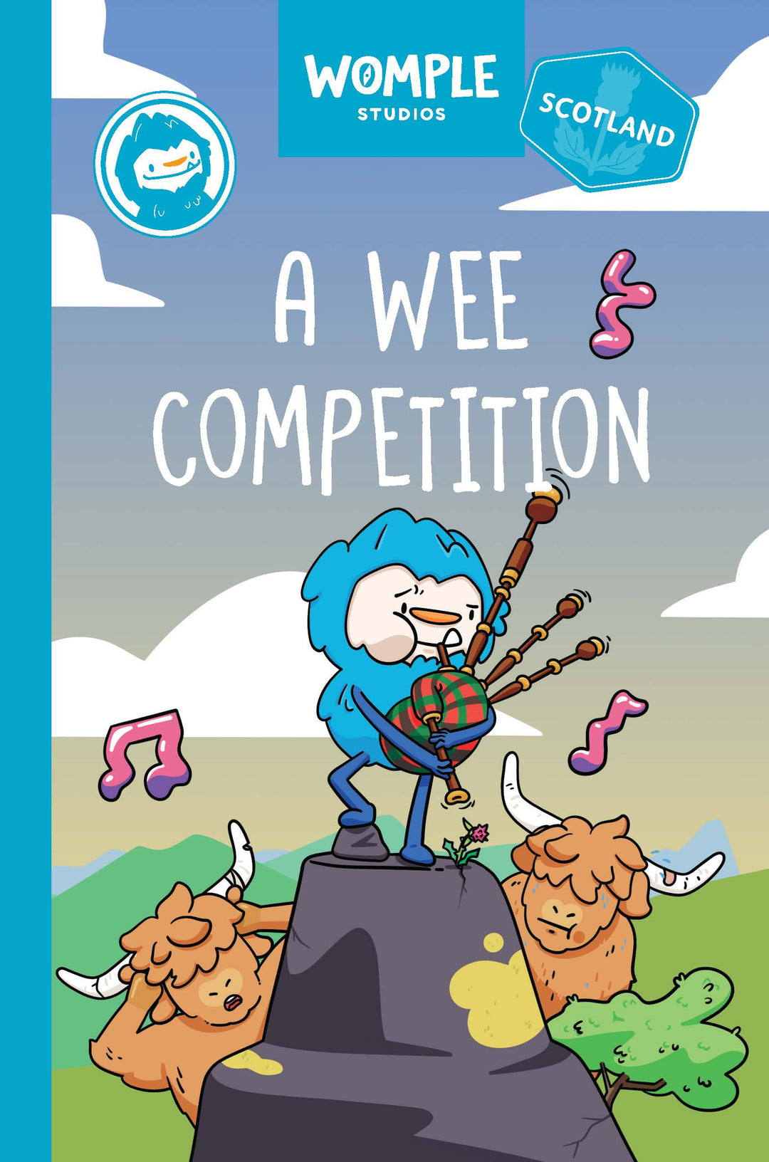 Cover of 'A Wee Competition', a Womple adventure book, with illustration of cartoon Womple playing bagpipes with Scottish elements on a blue background, featuring Womple Studios branding.