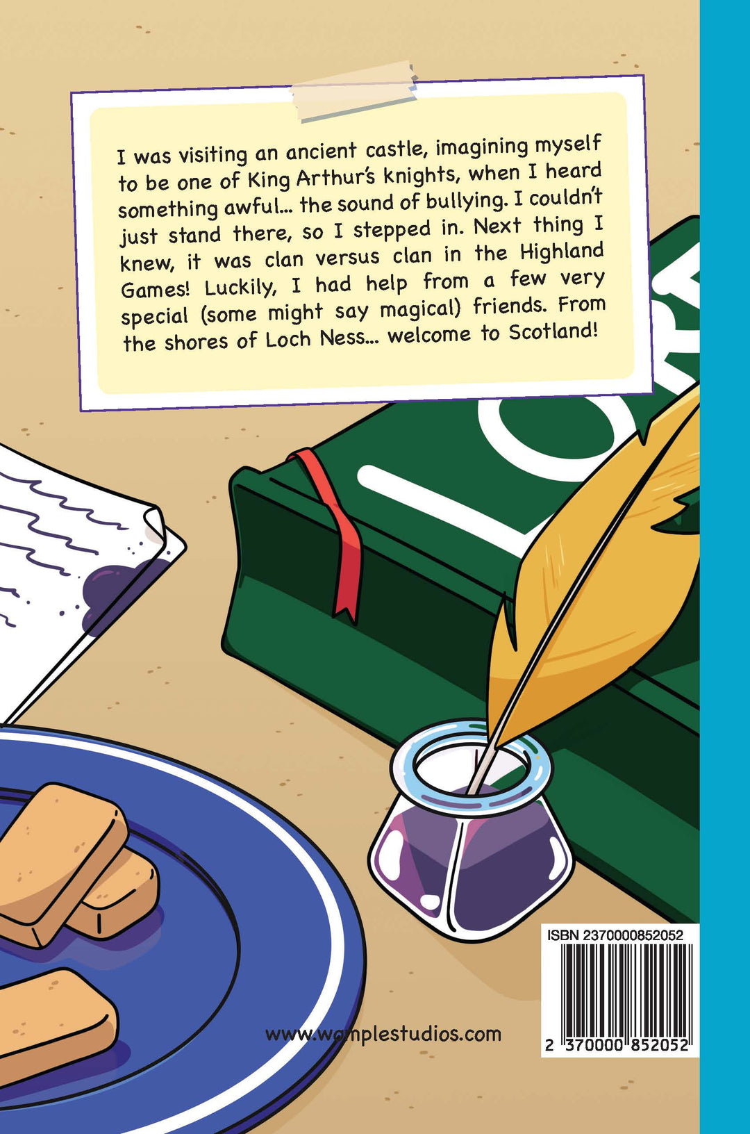 Back cover of 'A Wee Competition', a Womple adventure book, with text and illustrations of Scottish elements