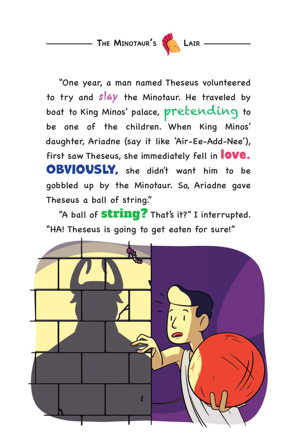 Page from 'Lost in the Labyrinth', a Womple adventure book about Greece,  with text and illustration of a character holding a ball of string and the shadow of a minotaur