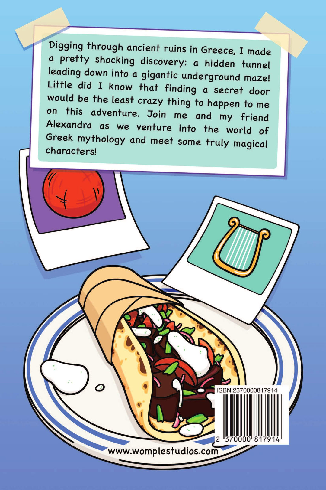 Back cover of 'Lost in the Labyrinth', a Womple adventure book about Greece,  with text and Greek related illustrations on a blue background