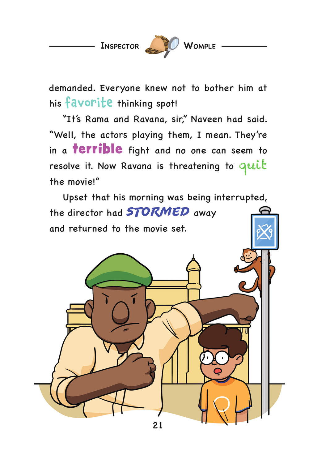 Page from 'The Mumbai Mystery' by Womple Studios, a book about India, with a man and child near a movie set, featuring Inspector Womple text.
