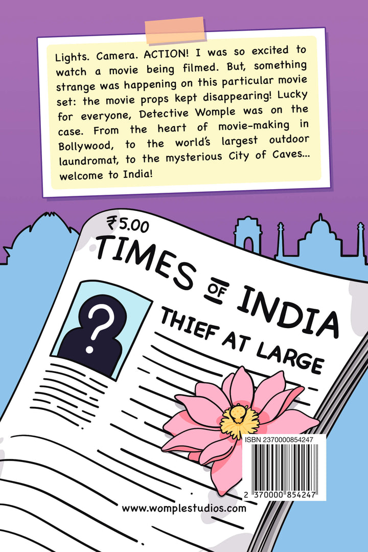 Back cover of the book 'The Mumbai Mystery', a Womple adventure book about India, with a newspaper headline and a pink flower illustration on a purple background.