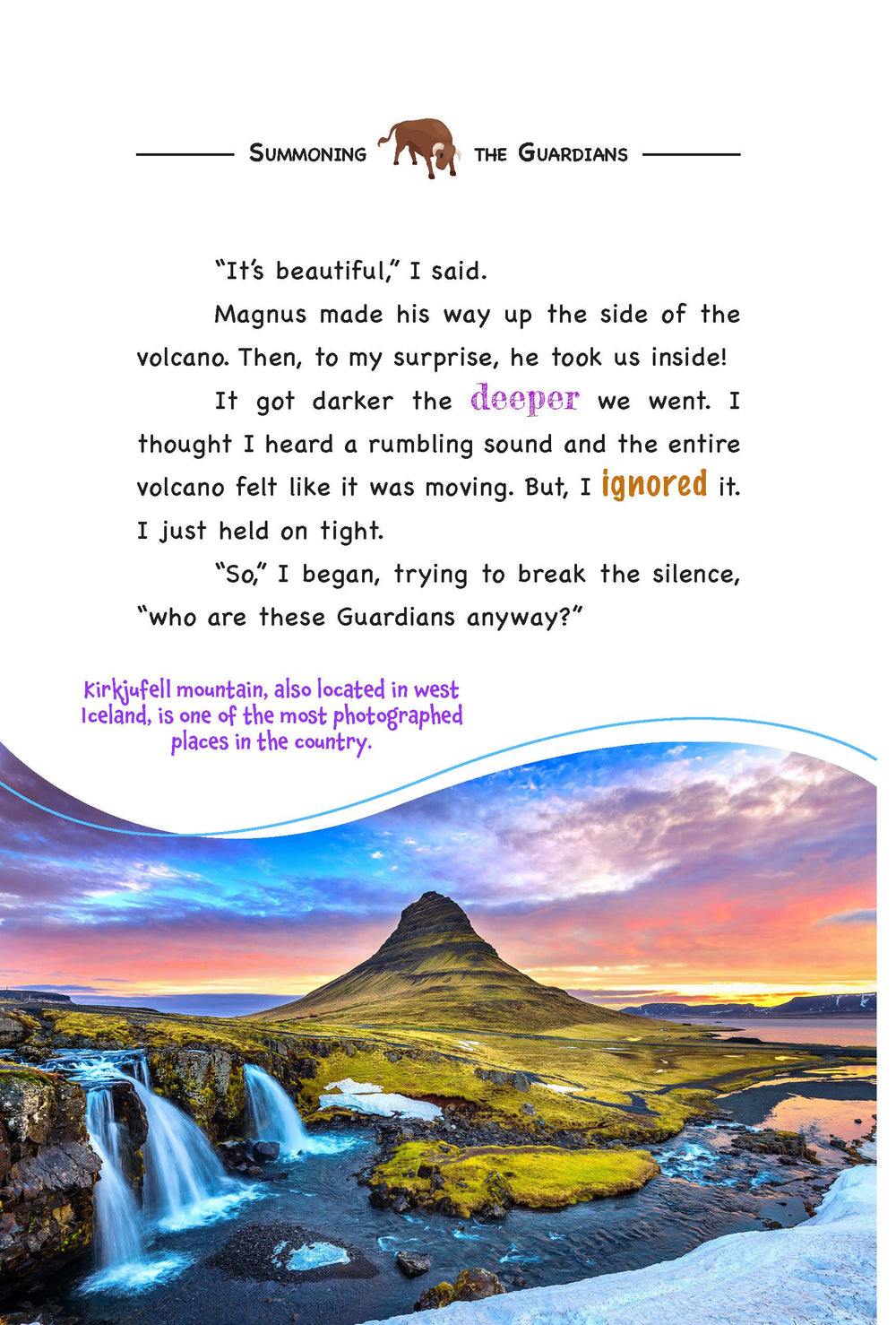 Page from 'Saga of the Guardians' a Womple adventure book about Iceland, with a scenic view of Kirkjufell mountain with a waterfall and text overlay on a white background.