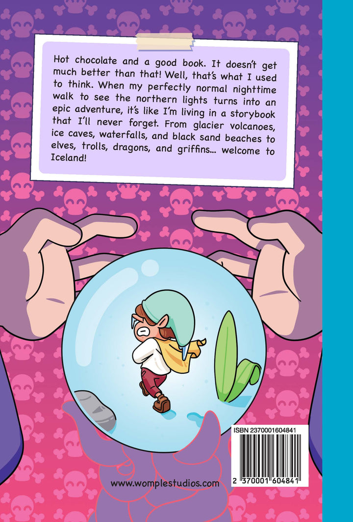Back book cover of 'Saga of the Guardians' by Womple Studios, about Iceland, with hands holding a snow globe featuring a cartoon character, text, and a pink background with skull patterns.