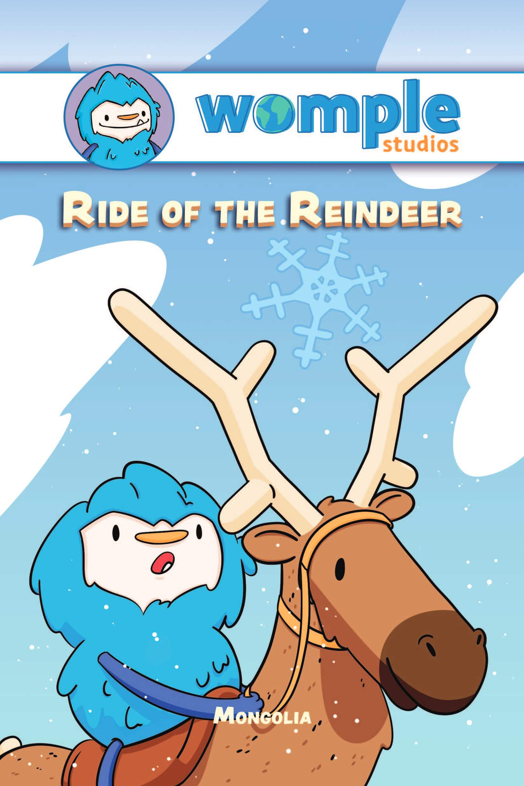 Book cover of 'Ride of the Reindeer,' a Womple adventure book about Mongolia, with a cartoon Womple character riding a reindeer with Womple Studios logo above.
