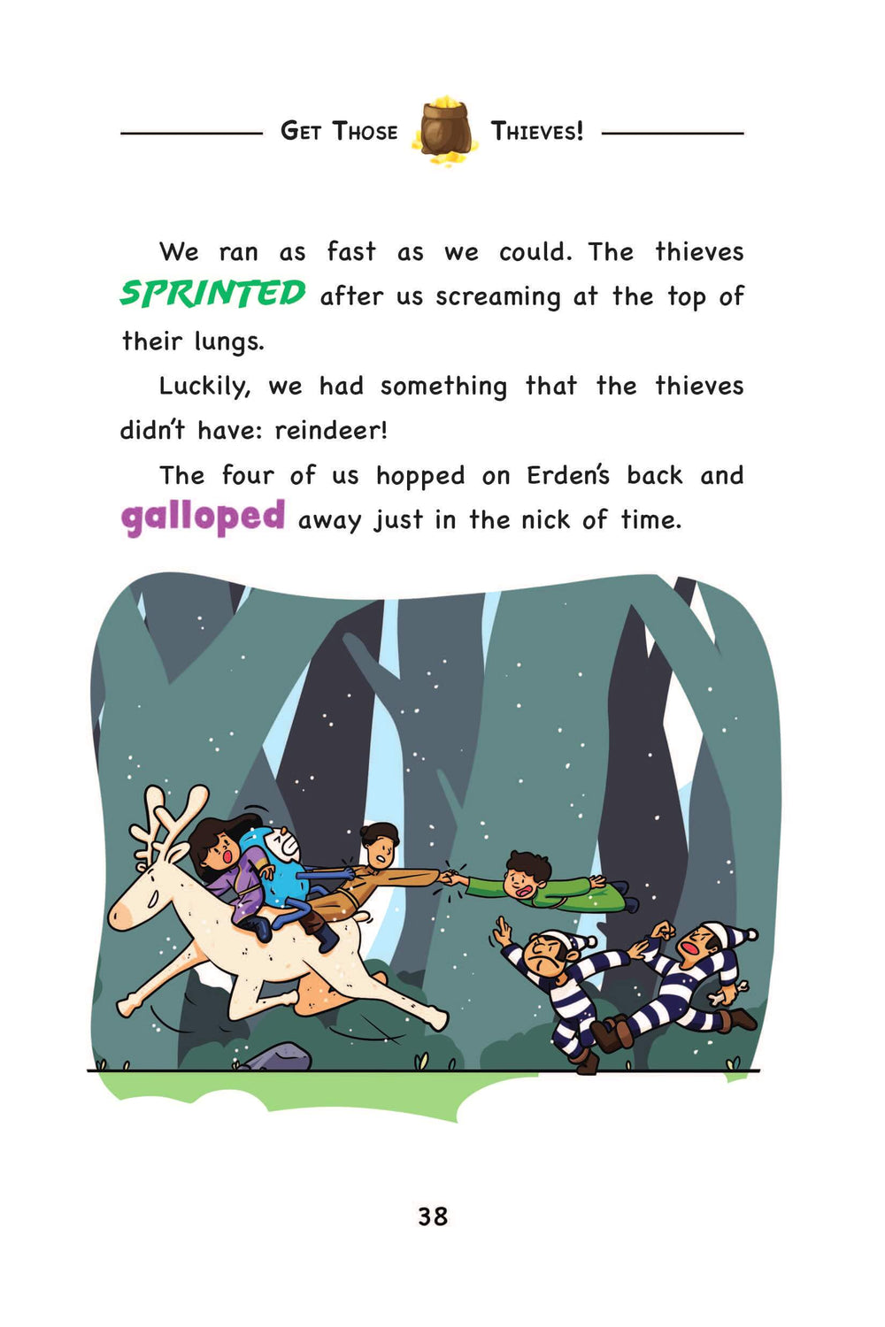 Page from 'Ride of the Reindeer,' a Womple adventure book about Mongolia, with cartoon of characters riding a reindeer escaping from robbers