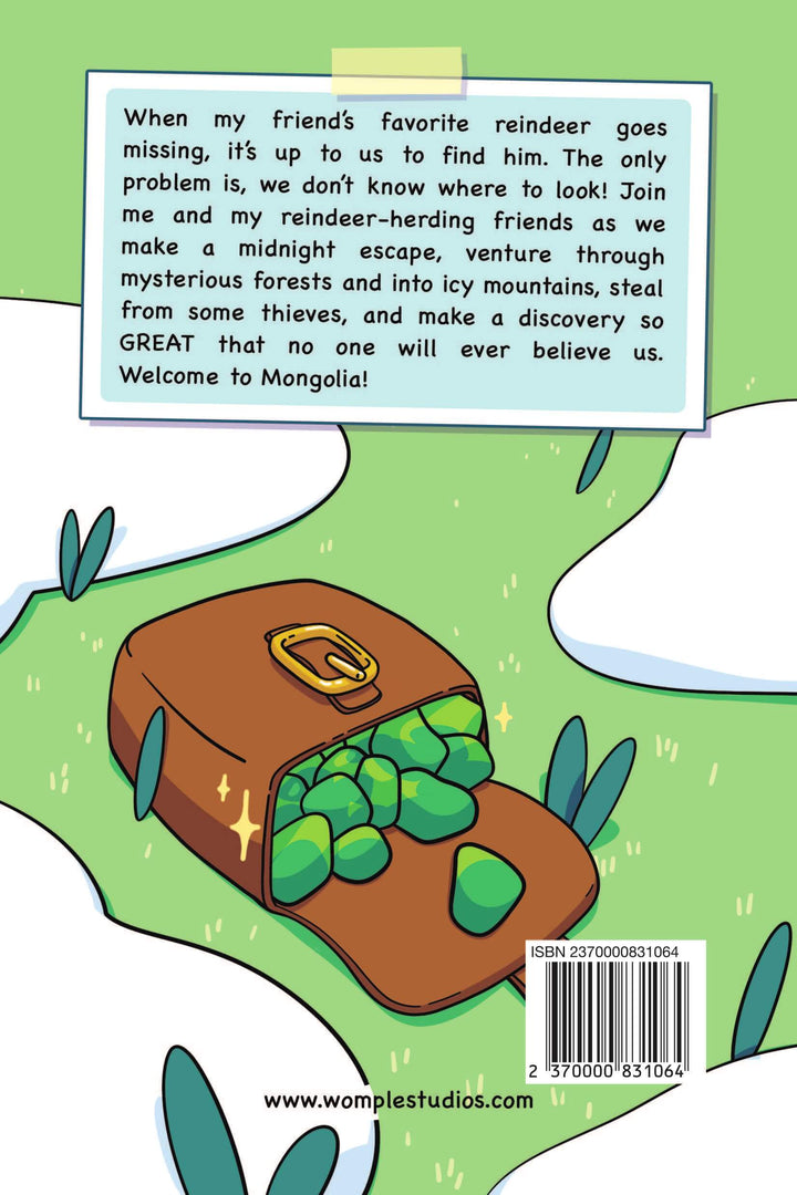 Back cover of 'Ride of the Reindeer,' a Womple adventure book about Mongolia,  with text and illustration of a bag of green gems on a green background