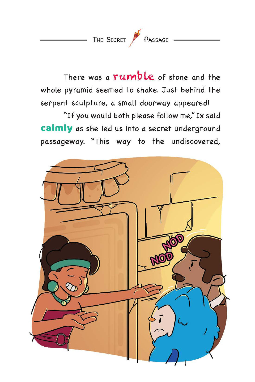Illustration from a 'The Map of Stone', a Womple adventure children's book with two characters and text about a secret passage.