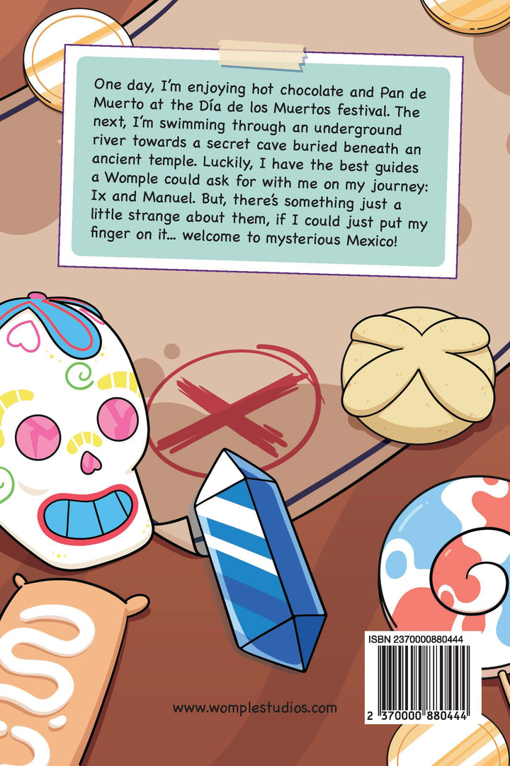 Back book cover from 'The Map of Stone' by Womple Studios with text about a Wample character's journey, featuring a sugar skull, a pastry, and crystal.