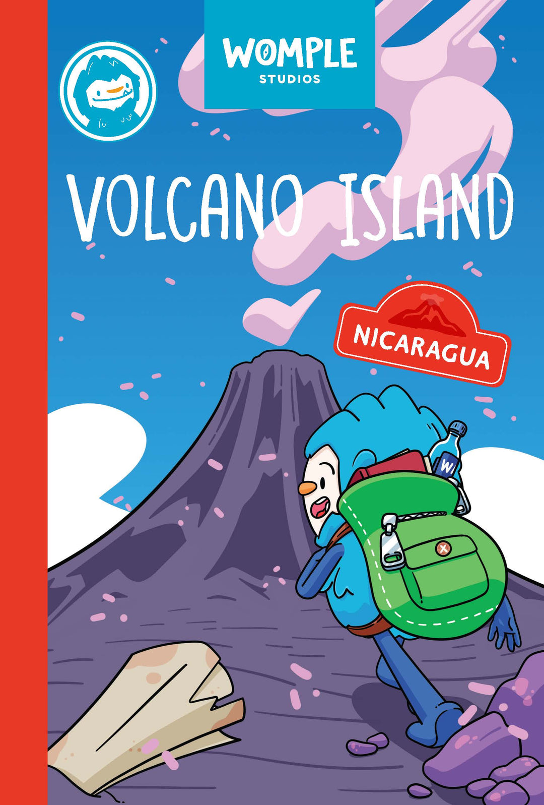 Book cover of 'Volcano Island' by Womple Studios, an adventure book about Nicaragua, with a cartoon Womple character and volcano illustration.