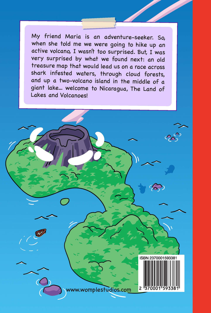 Back cover of the book 'Volcano Island' by Womple Studios with a map of Ometepe in Nicaragua and text about an adventure to a volcano.
