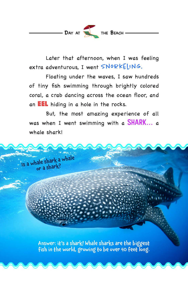 Children's book page from 'Ready, Set, Rescue!' by Womple Studios about a day at the beach with a whale shark photograph.