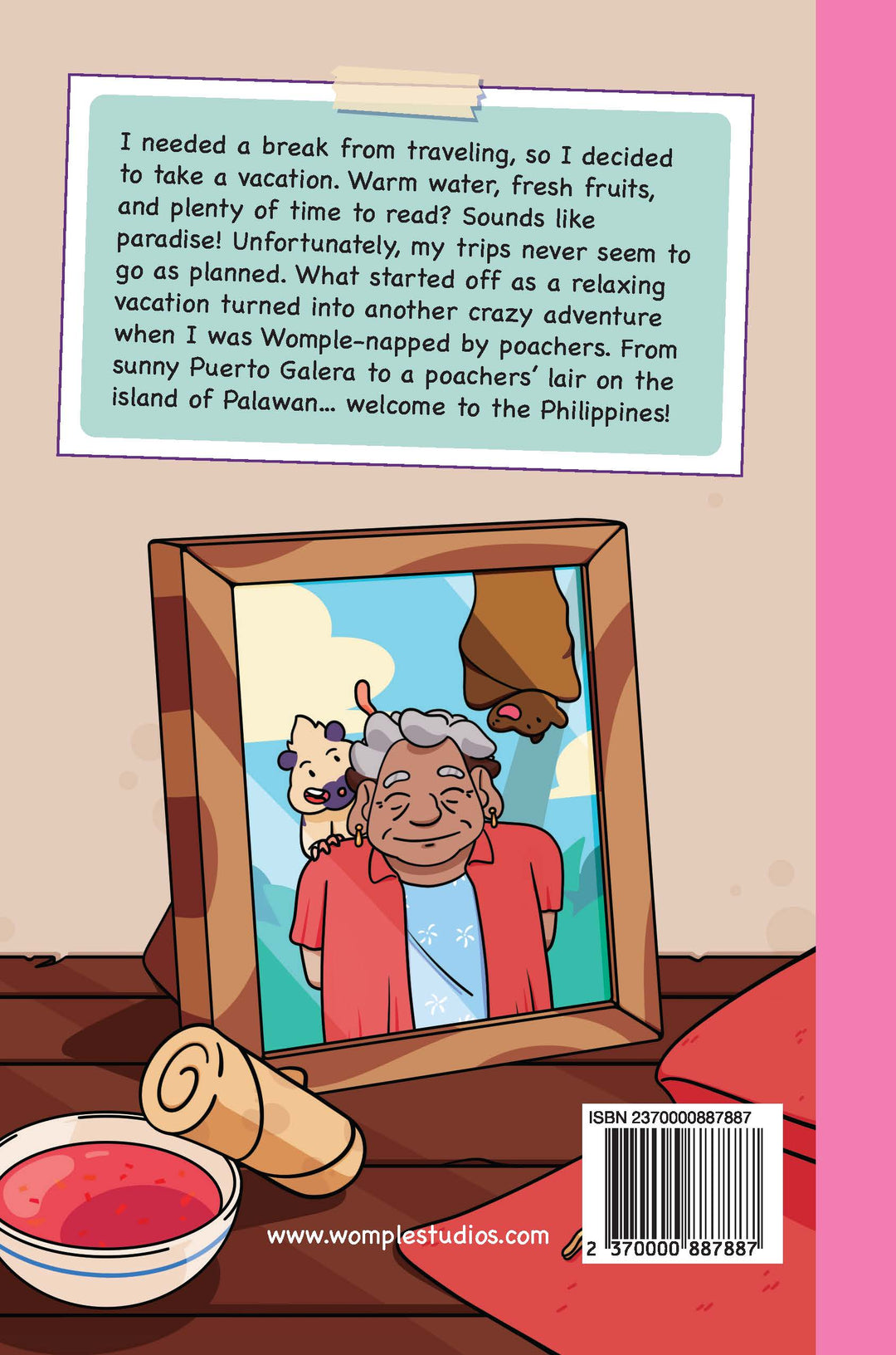Back cover of a book, 'Ready, Set, Rescue!' by Womple Studios, with a cartoon illustration of an elderly person in a framed picture.