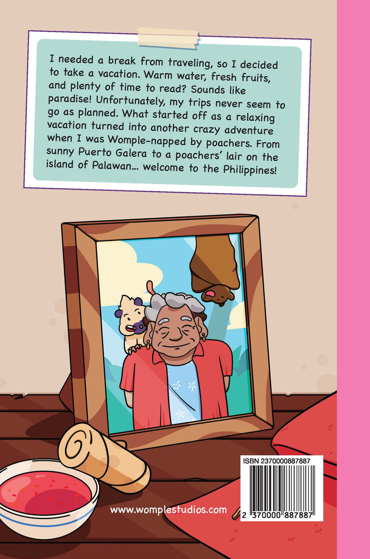 Back cover of a book, 'Ready, Set, Rescue!' by Womple Studios, with a cartoon illustration of an elderly person in a framed picture.