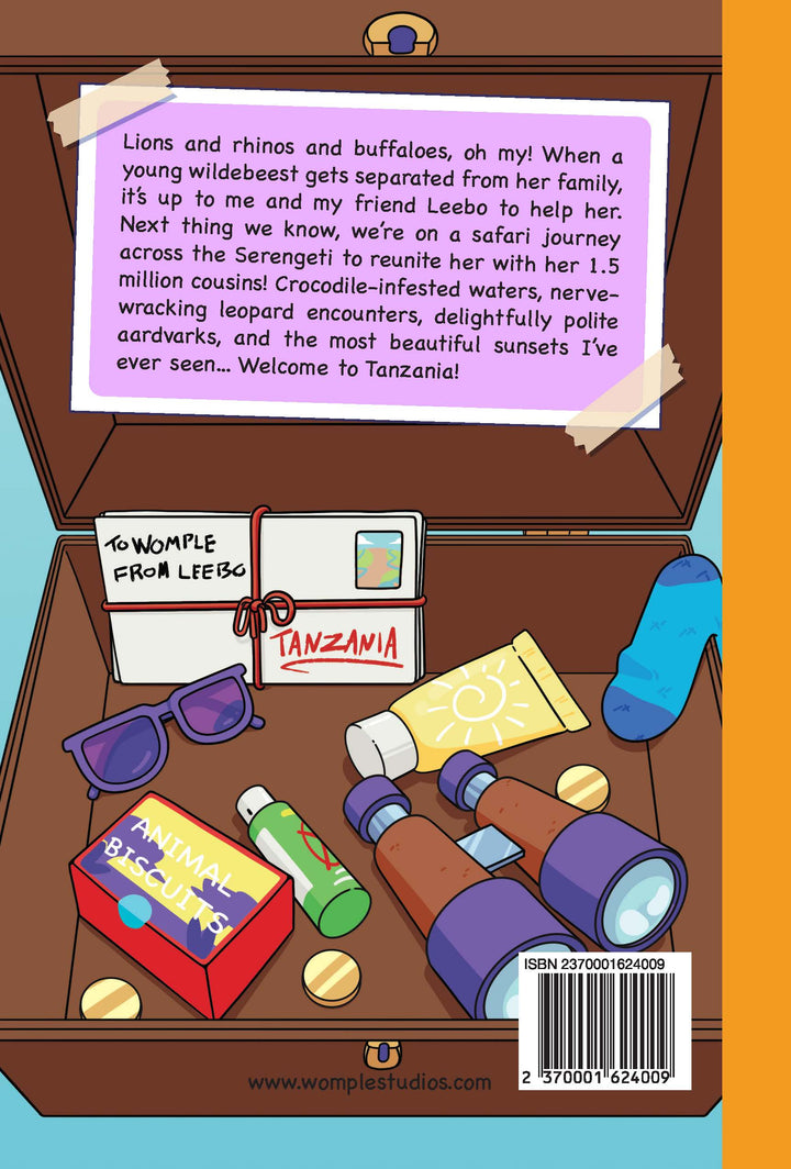 Illustrated back cover from 'The Great Womple Migration' by Womple Studios, about Tanzania, with travel items in a suitcase.