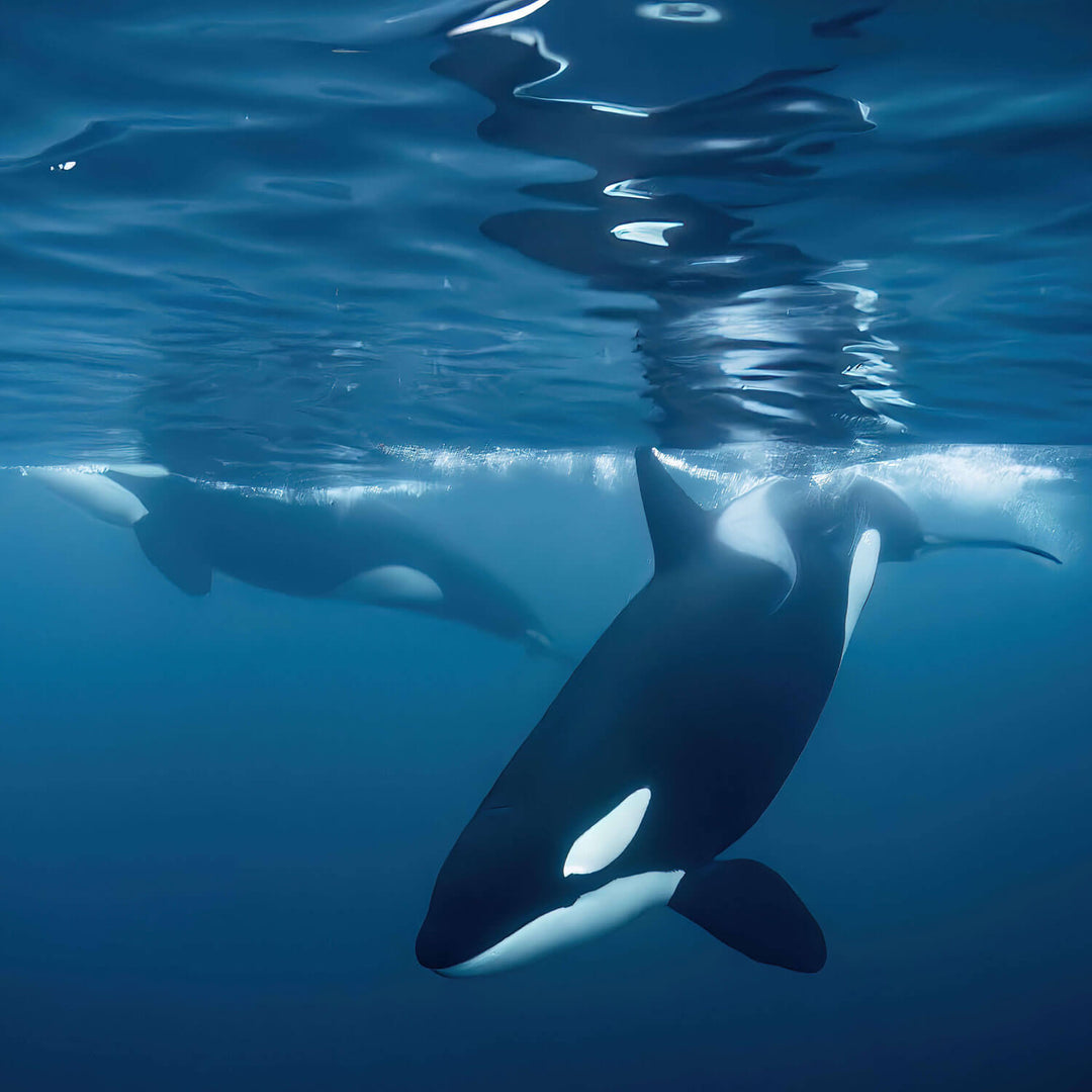 Orca whale swimming underwater with a clear blue background
