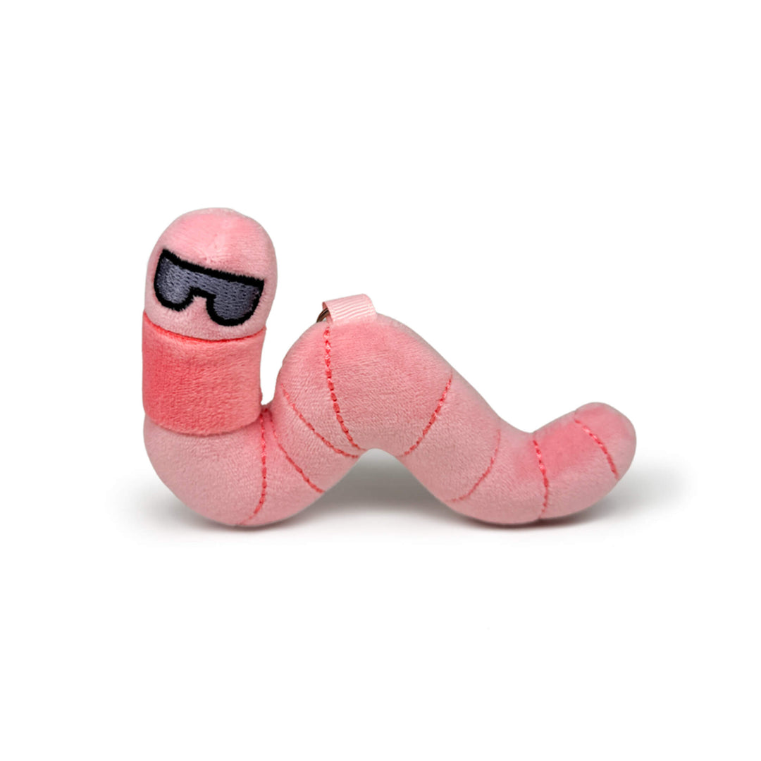 Pink plush worm toy keychain with sunglasses on a white background