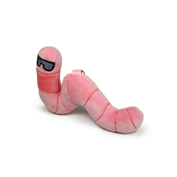 Pink plush earthworm keychain toy with sunglasses on a white background