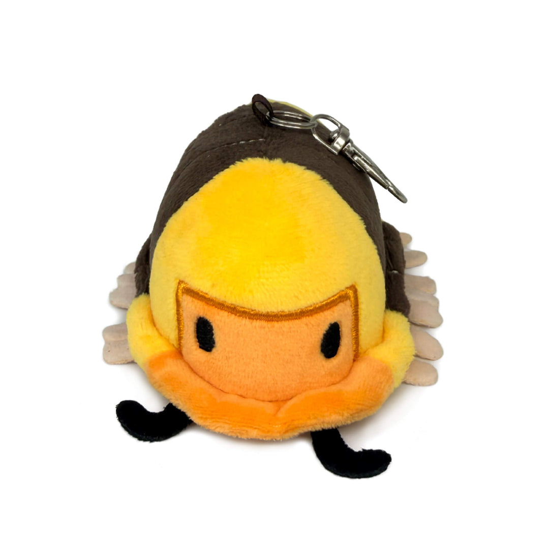 Plush rubber ducky isopod keychain on a white background, front