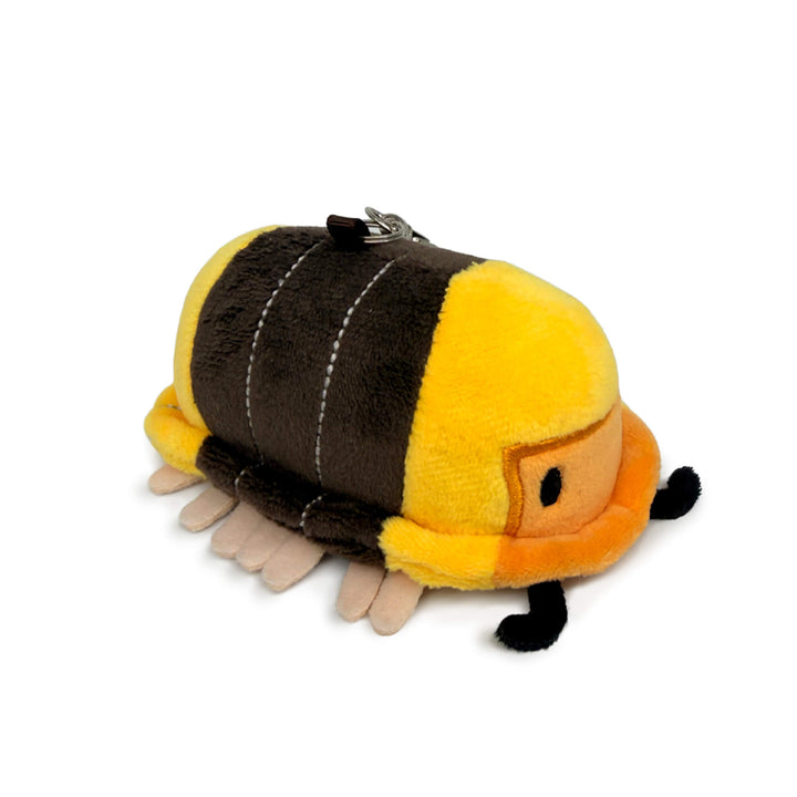 Plush rubber ducky isopod toy with a keychain on a white background, side