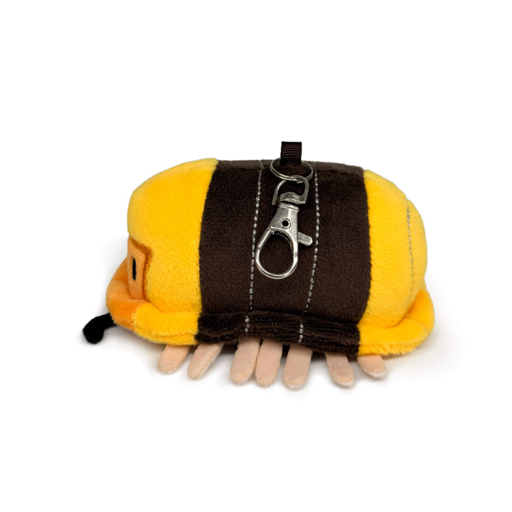 Plush rubber ducky isopod keychain toy on a white background, side