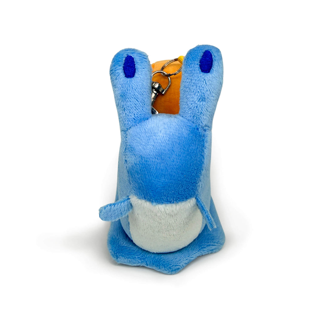Blue plush toy snail with a keychain and an orange shell on a white background, front