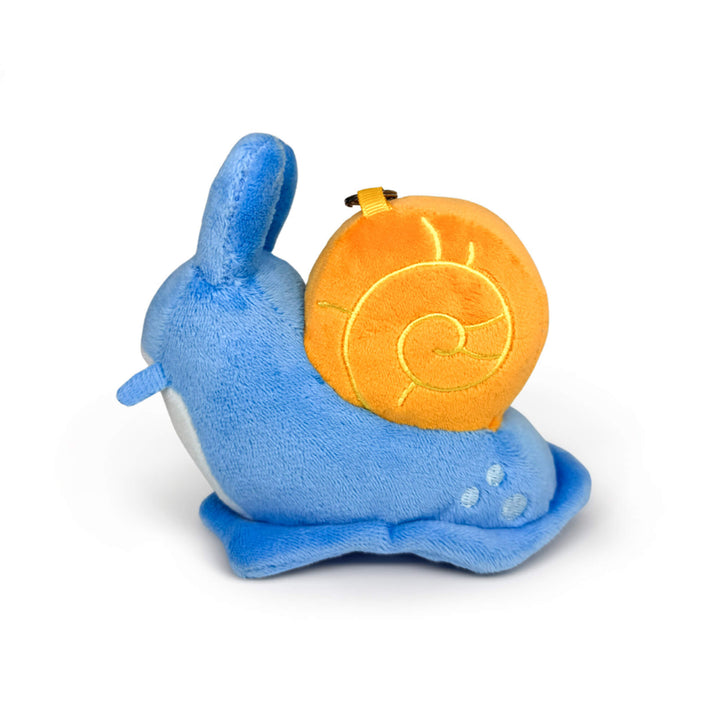 Blue plush snail toy keychain with an orange shell on a white background, side