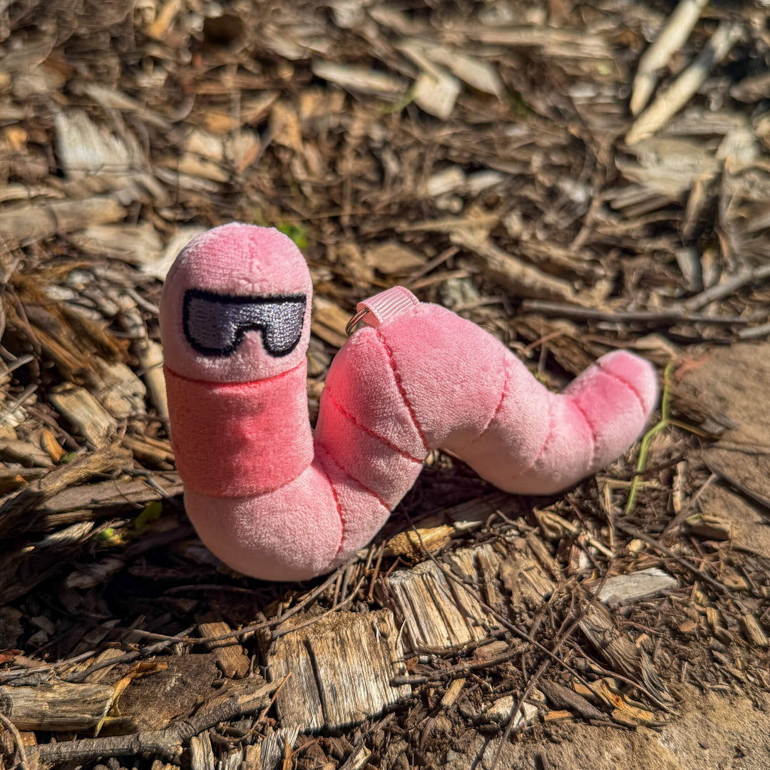 Pink plush earthworm toy keychain with goggles on a mulched surface