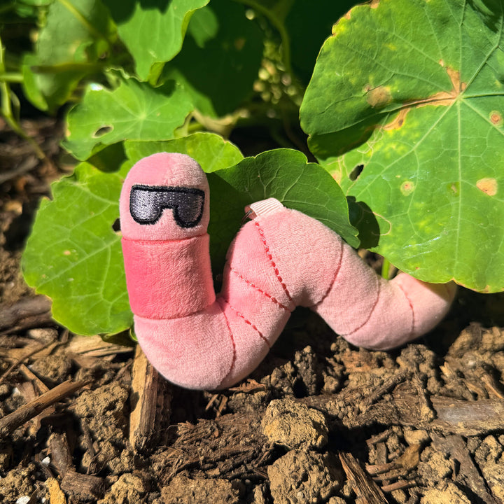 Pink plush earthworm toy keychain with sunglasses on a leafy background