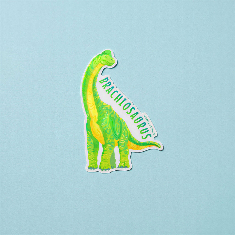 Sticker of a green Brachiosaurus on a light blue background