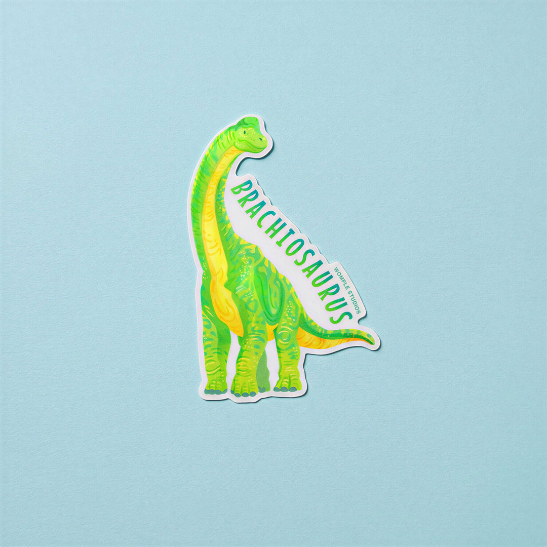 Sticker of a green Brachiosaurus on a light blue background